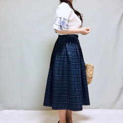 大人チェック柄たっぷりギャザースカート【受注製作】（ネイビー）サイズ有り 3枚目の画像