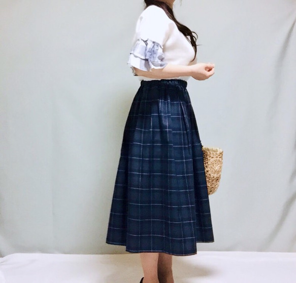 大人チェック柄たっぷりギャザースカート【受注製作】（ネイビー）サイズ有り 3枚目の画像