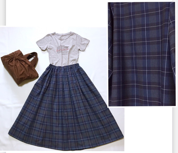 大人チェック柄たっぷりギャザースカート【受注製作】（ネイビー）サイズ有り 5枚目の画像