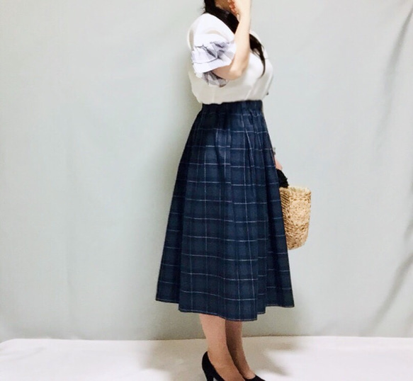 大人チェック柄たっぷりギャザースカート【受注製作】（ネイビー）サイズ有り 8枚目の画像