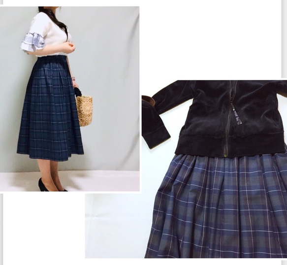 大人チェック柄たっぷりギャザースカート【受注製作】（ネイビー）サイズ有り 9枚目の画像
