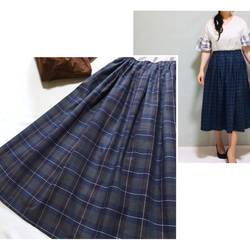 大人チェック柄たっぷりギャザースカート【受注製作】（ネイビー）サイズ有り 6枚目の画像