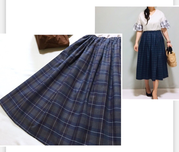 大人チェック柄たっぷりギャザースカート【受注製作】（ネイビー）サイズ有り 6枚目の画像