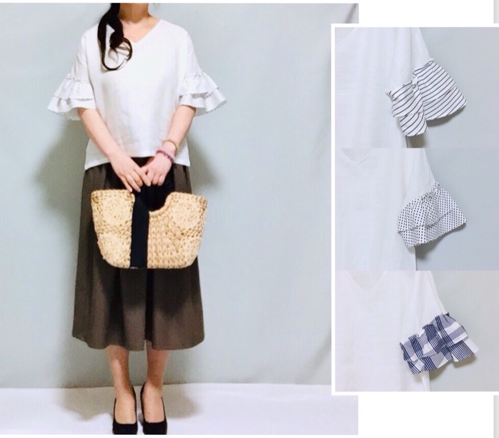 リネン100％のトップス・柄の別布の二重フリル袖トップス【受注製作】サイズ有り