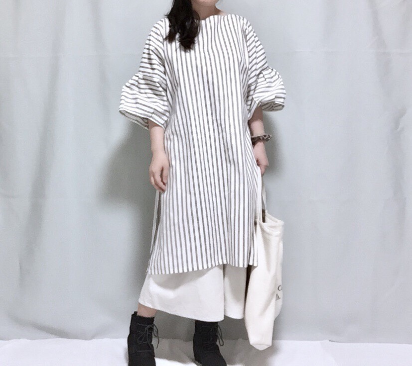 痩せてみえるストライプワンピ➃リネン混紡ナチュラル両脇開き