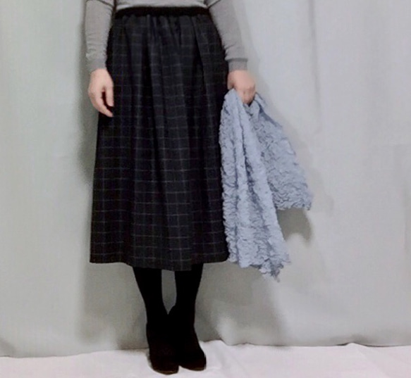 ウール混紡チェック柄ベルト色替えギャザーロングスカート♪グレー【受注製作】裏地付き(キュプラ)サイズ有り 2枚目の画像