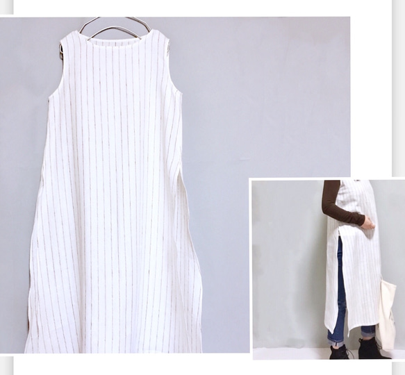 無袖條紋側開口亞麻100％A線連衣裙[定做]提供不同顏色和尺寸 第5張的照片