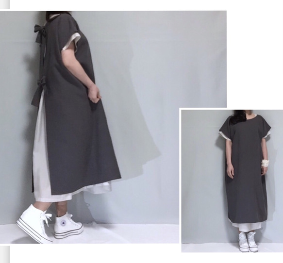 腰部切換短袖銅氨纖維 100% 條紋長襯裡連衣裙（淺米色）[定做] 第3張的照片