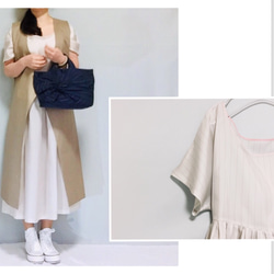 腰部切換短袖銅氨纖維 100% 條紋長襯裡連衣裙（淺米色）[定做] 第5張的照片