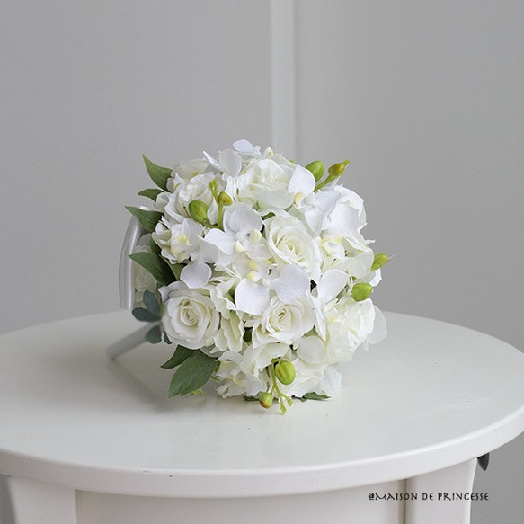 【ブートニア付き】ホワイトローズ&デンファレのブーケセット 
