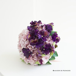 【ブートニア付き】大人エレガント | 紫陽花とパープルーパンジーのラウンドブーケ アーティフィシャルフラワー 5枚目の画像