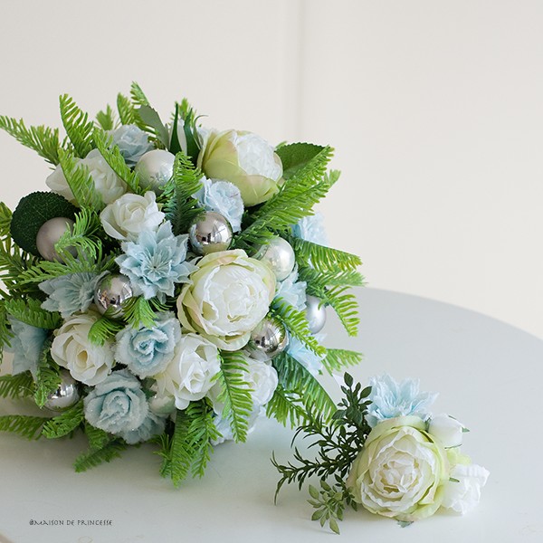 世界にひとつ＊ 【ブートニア付き】生花のようなナチュラルモミのラウンドブーケ造花前撮り挙式 二次会