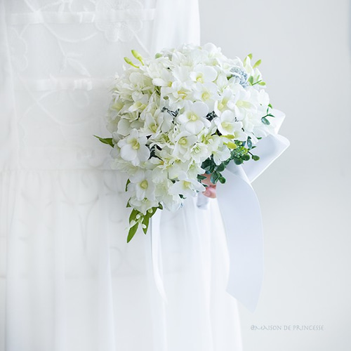 【ブートニア付き】サマー ウェディングブーケ　世界に一つ♡ ブーケ　アーティフィ 世界にひとつ＊【ブートニア付き】デンファレとデルフィニウム