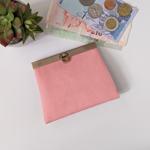 お札が折れない がま口ミニ財布 帆布 ピンク 名入れ 二つ折り