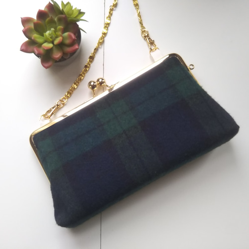 大容量のがま口長財布 タータンチェック ブラックウォッチ 長財布