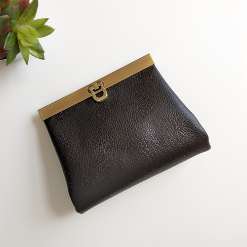 お札が折れない がま口コンパクト財布 フェイクレザー ブラック 二