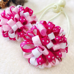 ボンボンリボンヘアゴム2個セット《再販》ホットピンク×ベビーピンク