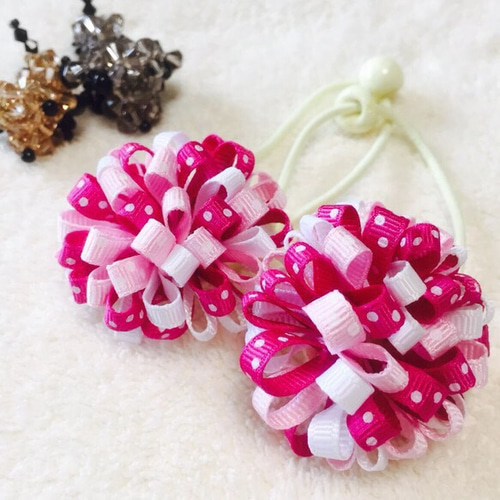 ボンボンリボンヘアゴム2個セット《再販》ホットピンク×ベビーピンク