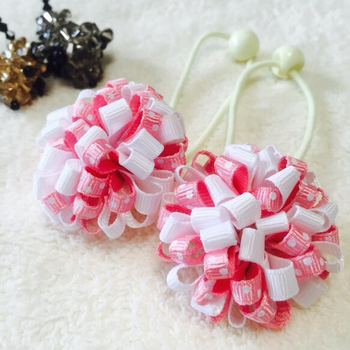 ボンボンリボンヘアゴム2個セットピーチピンク ドット 雑貨
