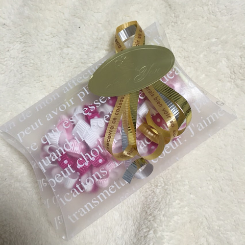 ボンボンリボンヘアゴム2個セットピーチピンク ドット 雑貨