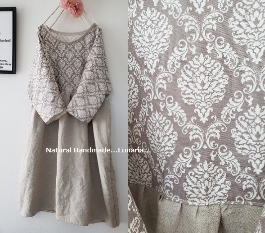 ♡ダマスク柄とリネン切替ギャザーワンピ　北欧♡半袖可 5,250円