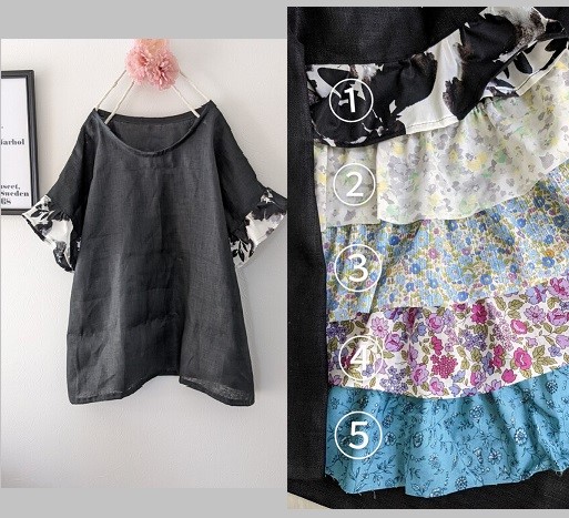 ♡ブラックコットンリネン　フリル袖ブラウス♡柄変更可