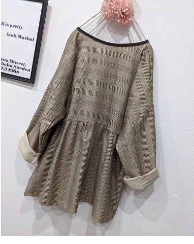 ♡ブラウングレンチェック♡後ろフリルブラウス♡