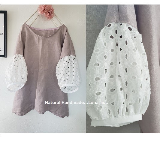 ♡モーヴリネン♡花柄カットワークレースパフ袖ブラウス♡ワンピに変更可