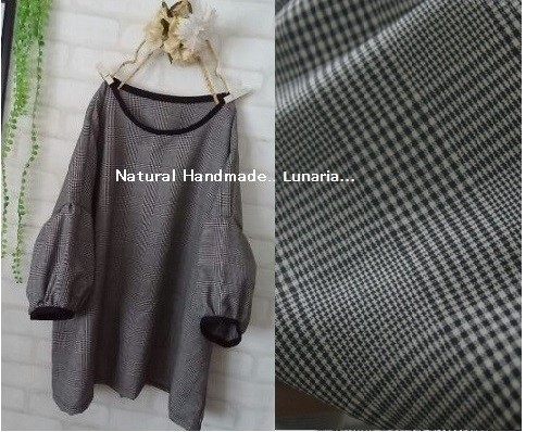 ♡チェック パフ袖ブラウス 綿麻♡ワンピに変更可