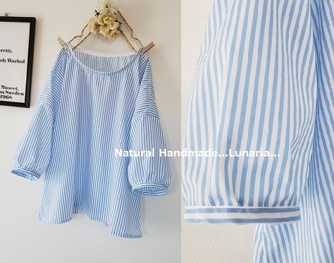 ♡ブルーストライプ♡パフ袖ブラウス♡
