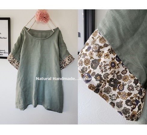 ♡うぐいすリネン　花柄袖フリルブラウス♡ワンピ可