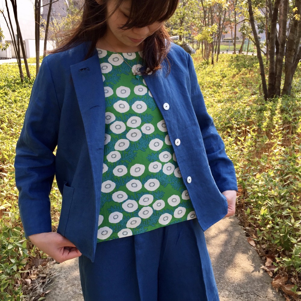 セット販売！ヨーロピアンリネンのジャケット・ボックスブラウス（マリン）
