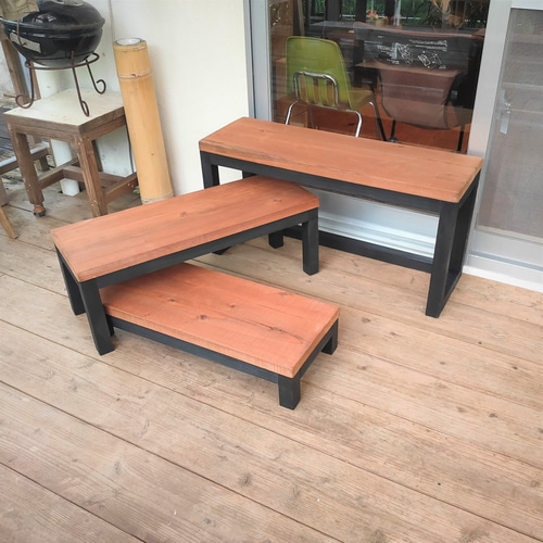 高強度 古家具◾️パイプフレーム×木製天板 3段 飾り台 ディスプレイ台