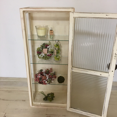 アンティーク モールガラス キャビネット ガラスケース 無垢材 無塗装