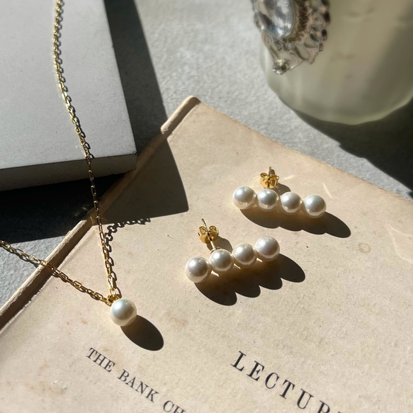 4連 ライン パールピアス イヤリング ∕ シンプル 上品 2way 国産貝パール 4枚目の画像