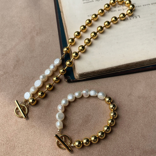 ボールチェーン＆淡水パール ゴールド チョーカー ネックレス