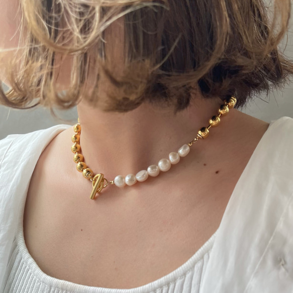ボールチェーン＆淡水パール ゴールド チョーカー ネックレス