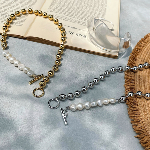 ボールチェーン＆淡水パール ゴールド チョーカー ネックレス