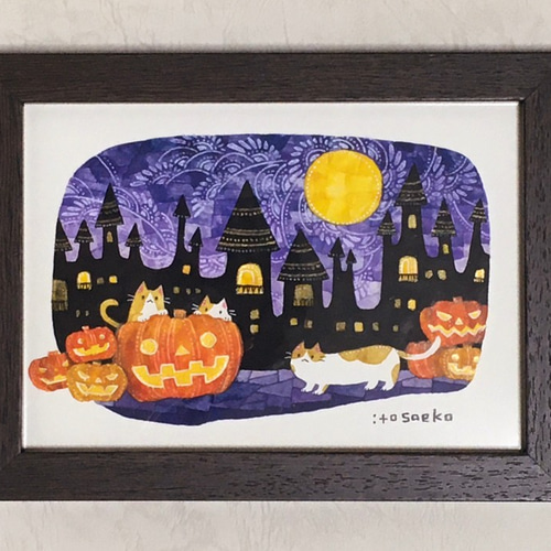 ブランド購入サイト 絵画「ハロウィンの夜のネコ」 絵画
