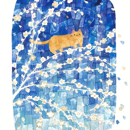 絵画「青の上の花とネコ」 絵画 伊藤彩恵子 通販 11413327｜Creema