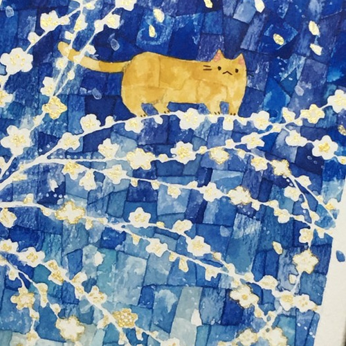 絵画「青の上の花とネコ」 絵画 伊藤彩恵子 通販 11413327｜Creema