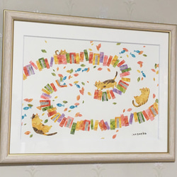 絵画「本と葉っぱと魚とネコたち」 2枚目の画像