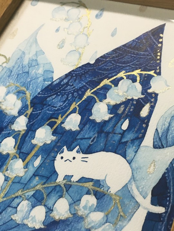 絵画「青い鈴蘭に帰るネコ」 3枚目の画像