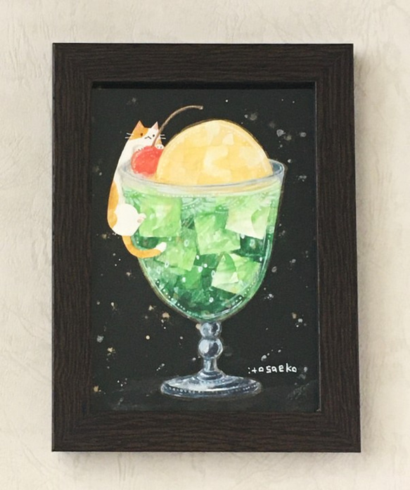 絵画「クリームソーダを楽しむネコ」 2枚目の画像