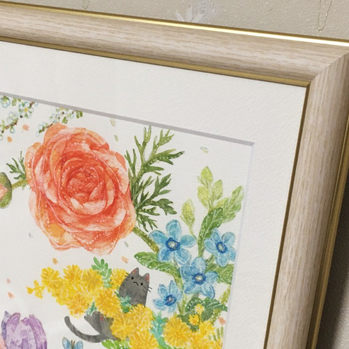 絵画 。壁掛け絵原画手描き【花瓶の中のきれいな花と太った猫