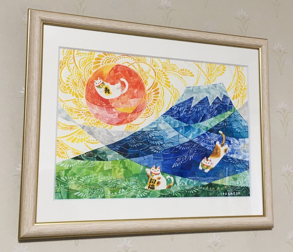 絵画「富士山と3匹の招きネコ」 2枚目の画像