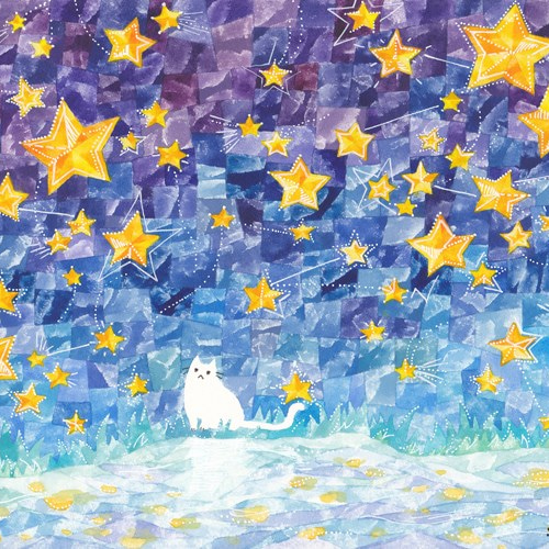 原画#3618 黒猫 流れ星 星空 フィレンツェ 水彩画 ドローイング