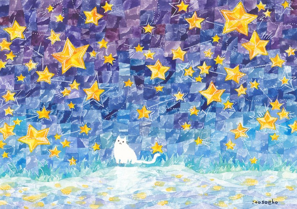 絵画 。壁掛け絵手描き【猫たちは銀河にかわいい星を入れている】 絵画