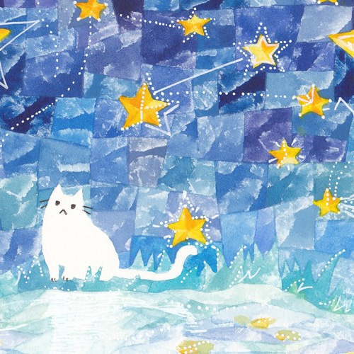 絵画。原画【二匹の猫が一緒にデートの道にきれいな星を探しに行きます】 絵画。原画【二匹の猫が一緒にデートの道にきれいな星を