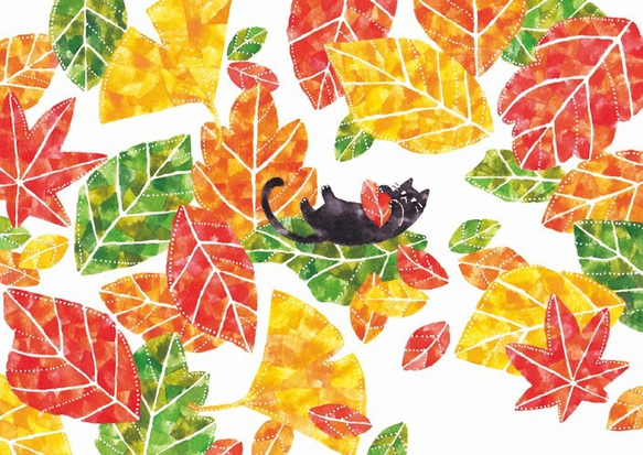 絵画「落ち葉とネコ」 1枚目の画像